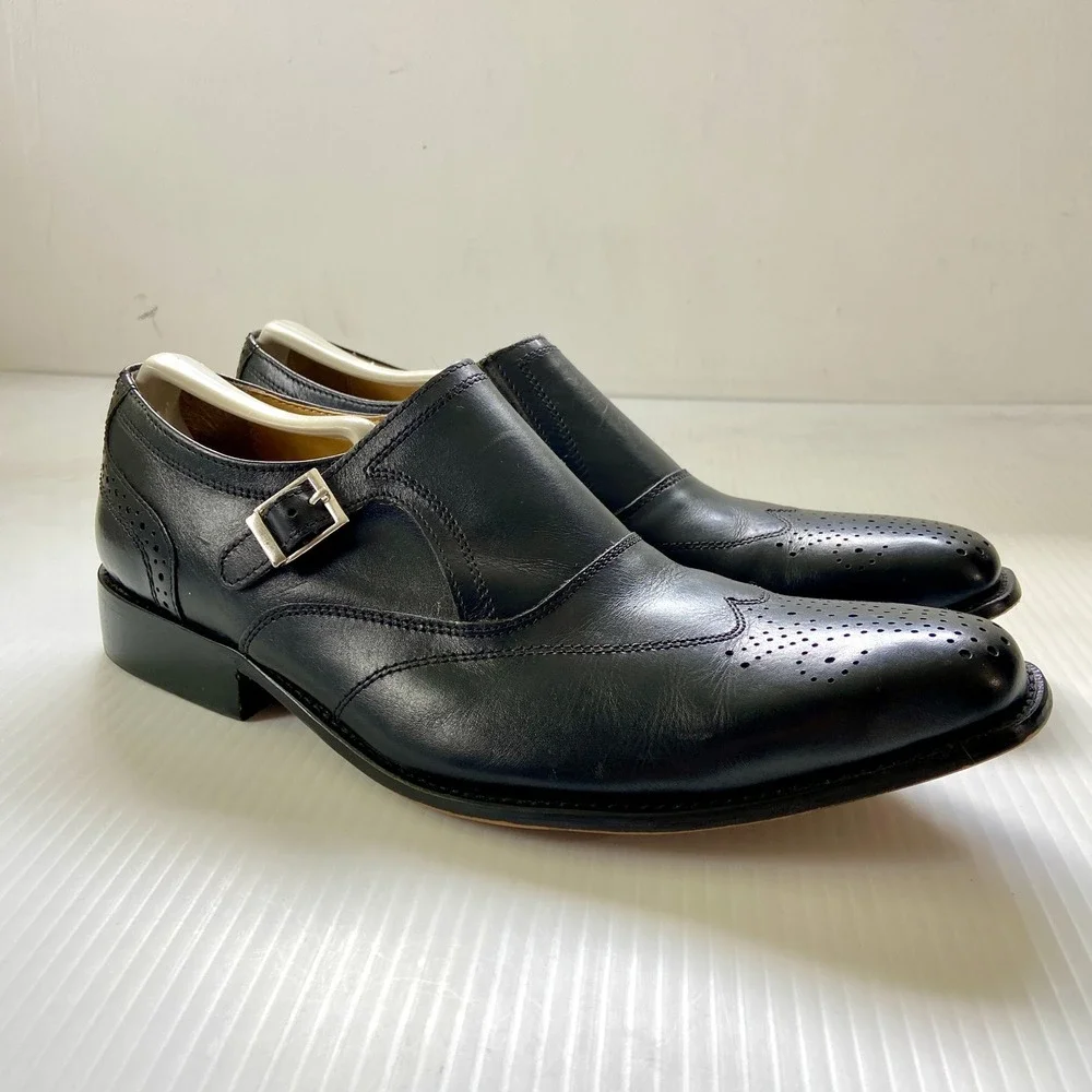 Liberty Black Leather Monk Strap Brogue Wing Tip Lace Up Shoes Mens 10